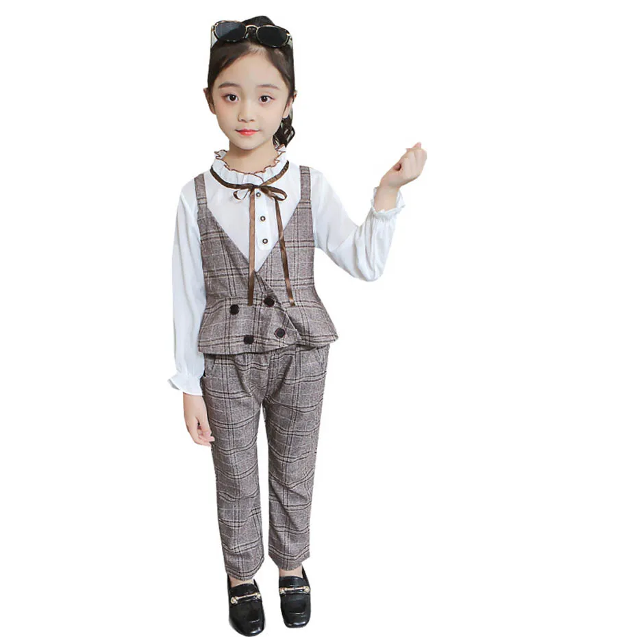 Детская одежда клетчатый жилет брюки и блузки костюмы для девочек вечерние