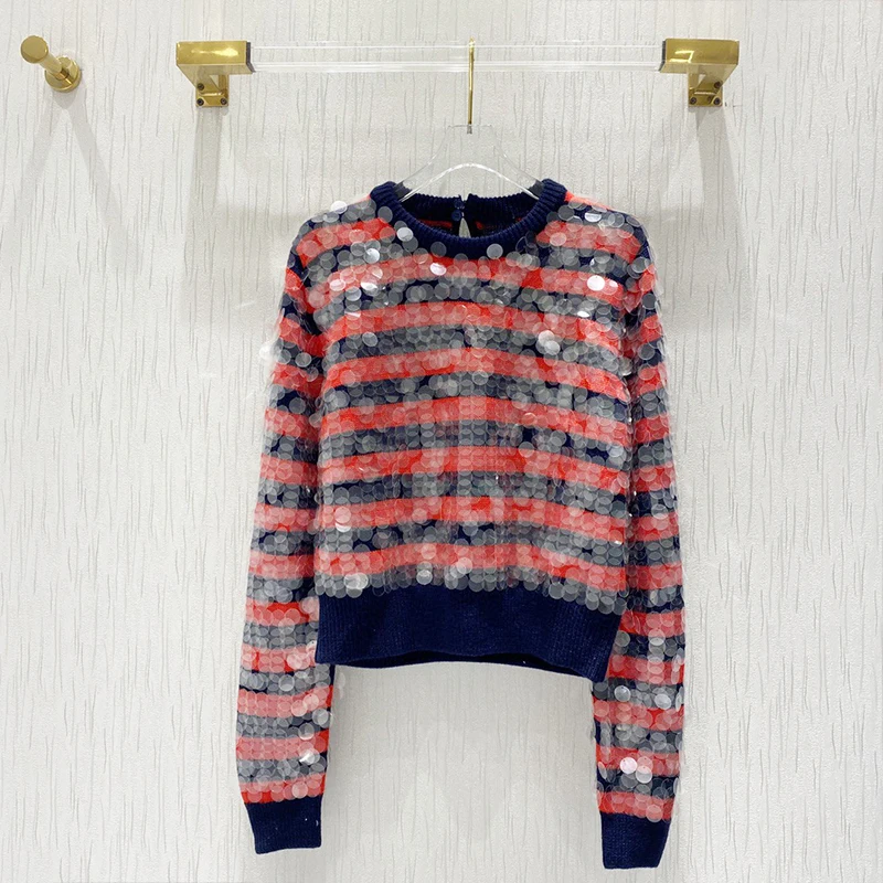 

100% Brand fashion women's high-end luxury autumn winter vintagemermaid Wool contrast striped sequin knitted sweater