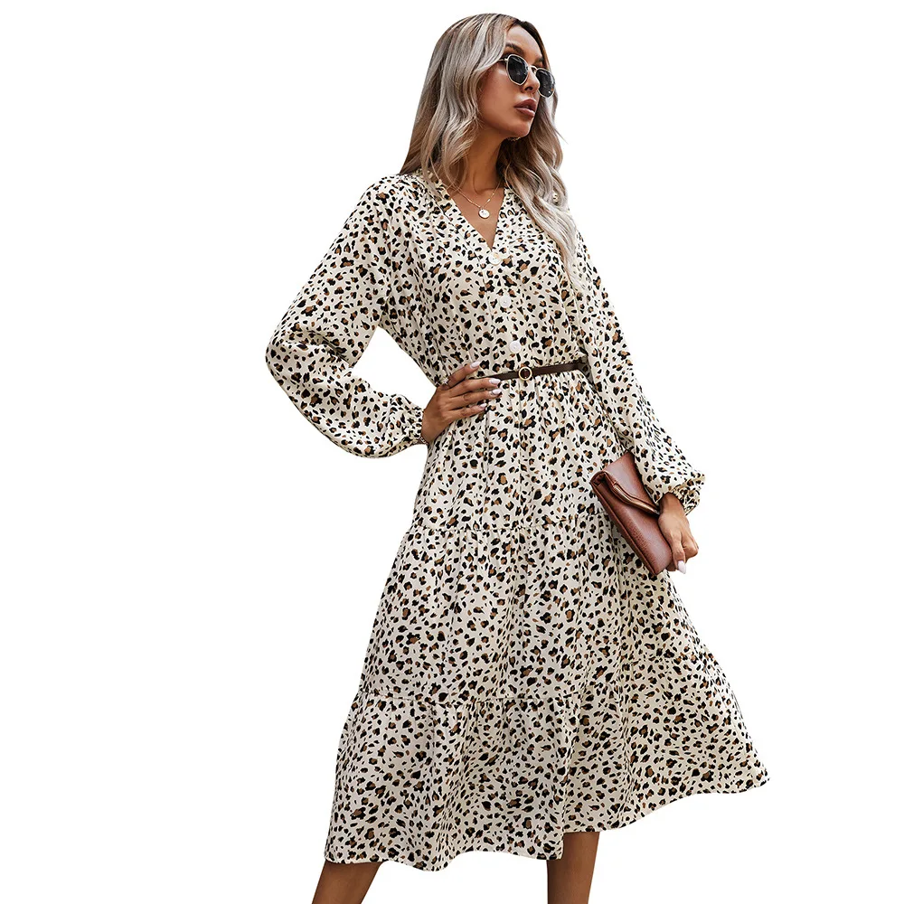 

Woman's Elegant Leopard Print Long Sleeve Button Dress Female V-neck Casual Office Lady Work Ruffle Slim Dress Spring Autumn New