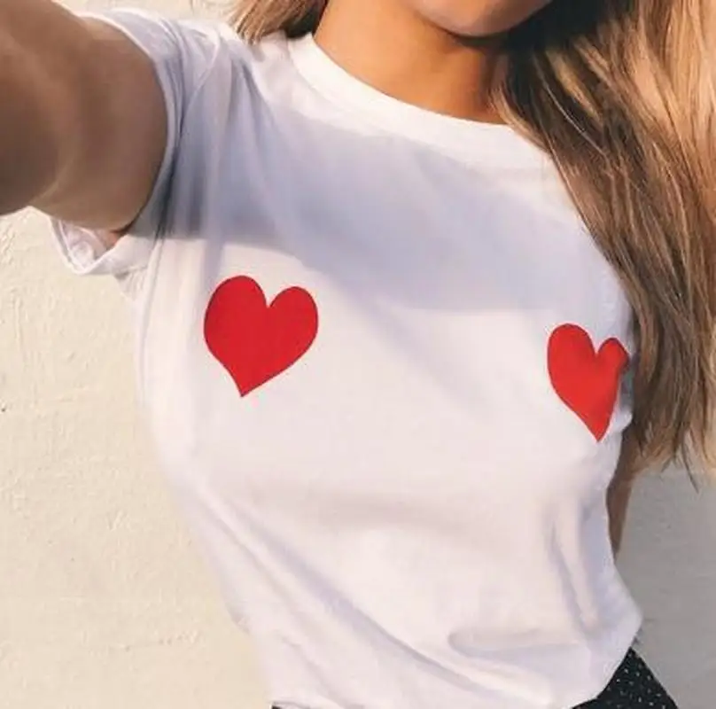 

Сердце печати белая футболка Для женщин короткий рукав с круглым вырезом свободные футболки 2019 Лето Для женщин футболка топы Camisetas Mujer