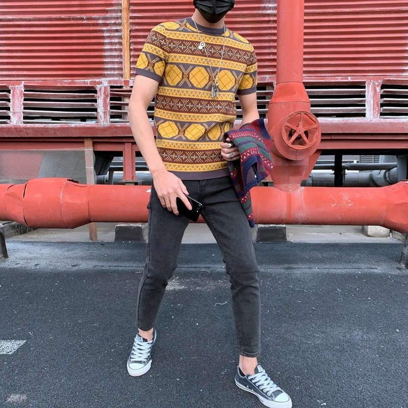 Мужской свитер с коротким рукавом Летняя трикотажная футболка в стиле Харадзюку уличная одежда хип хоп