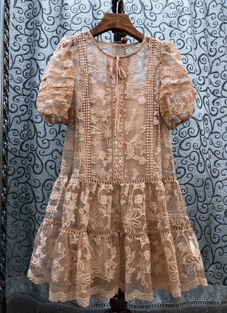 

Luxury 2020 Summer Style Women Allover Exquisite Embroidery Short Sleeve Ruffle Sexy Party Silk Cotton Dress Above Knee