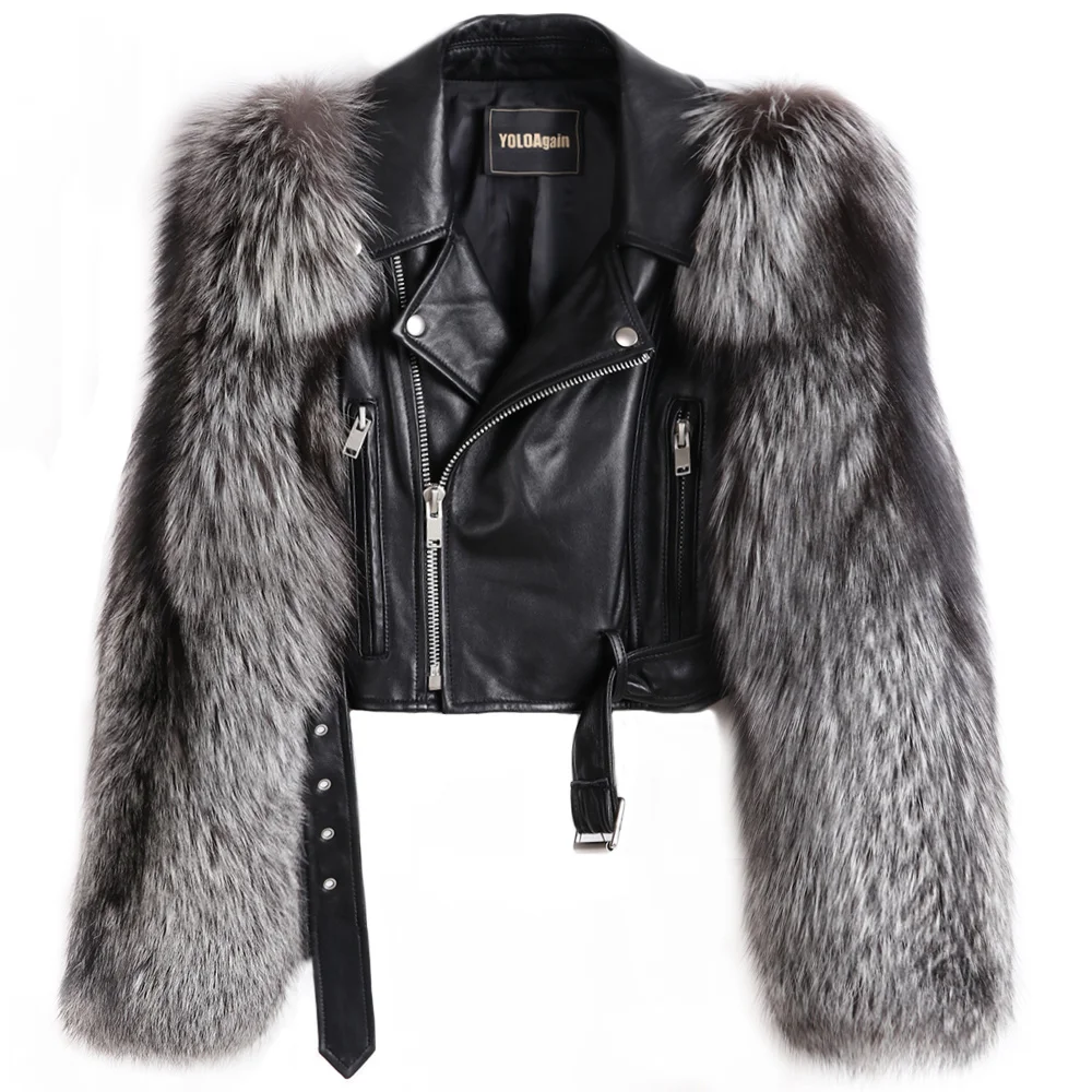 

YOLOAgain Women Real Silver Fox Fur Sleeve Crocodile Pattern Genunie Leather Jacket Short