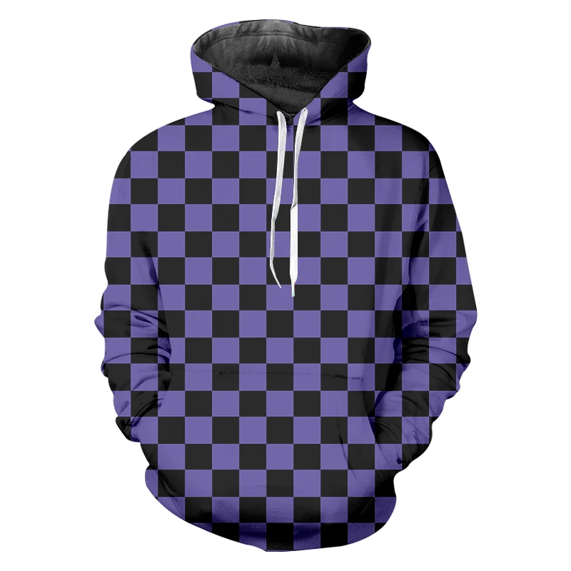 

Hooded Sweatshirts Men's Black Purple Plaid Turtleneck Round Neck Hoodie Checkerboard Hip Hop Sweat Capuche Homme Dropship 5XL