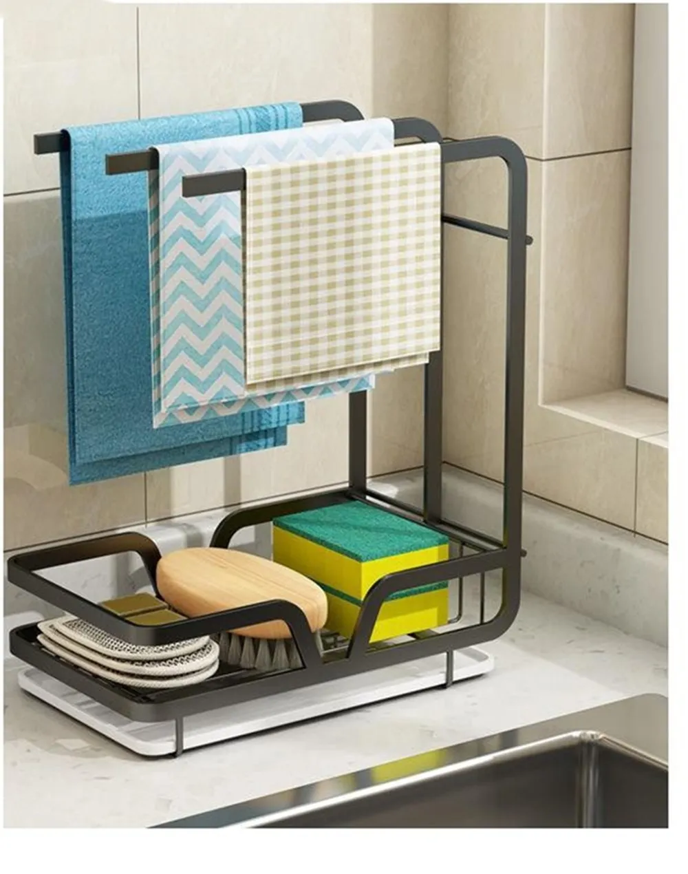 

Kitchen supplies dishcloth rack wall mounted non perforated table shelf double layer sponge dishcloth drain storage