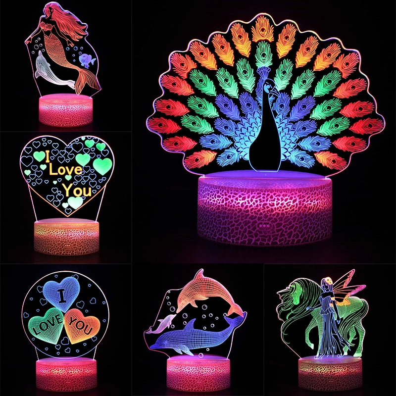 

Disney peacock mermaid 3D visual stereo night light colorful dynamic touch light bedside lamp led desk lamp birthday gift