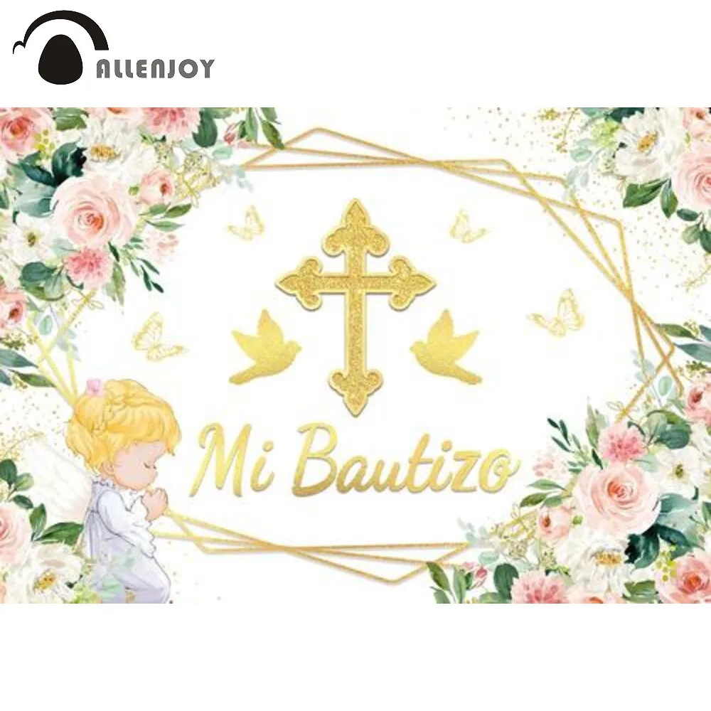 

Allenjoy Pink Gold Floral Cross Baptism Backdrop Girl Spanish Mi Bautizo Butterfly 1st Birthday Party Decor Banner Photo Booth