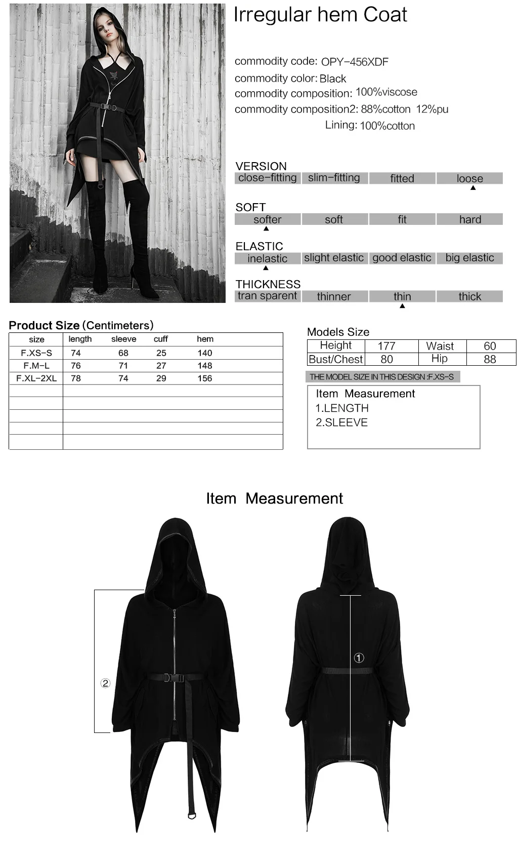 

PUNKRAVE Women's Punkdaily Irregular Sharp-angle Hem Coat Street Style Personality Loose A-line Hoodies Jackets