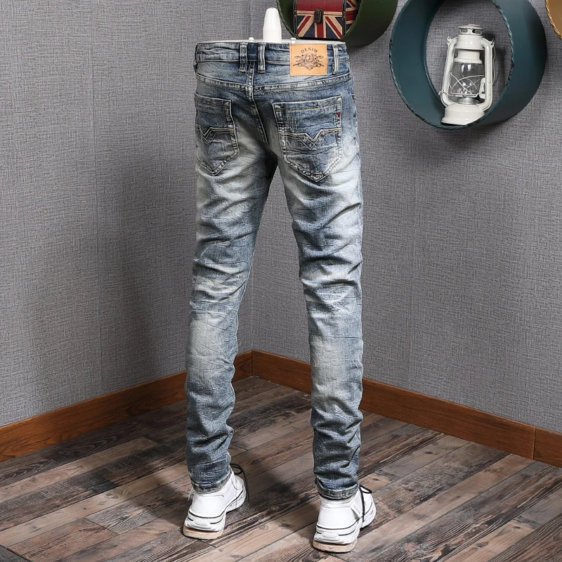 European American Vintage Fashion Men Jeans Retro Blue Elastic Slim Fit Ripped Jeans Men Distressed Designer Casual Denim Pants