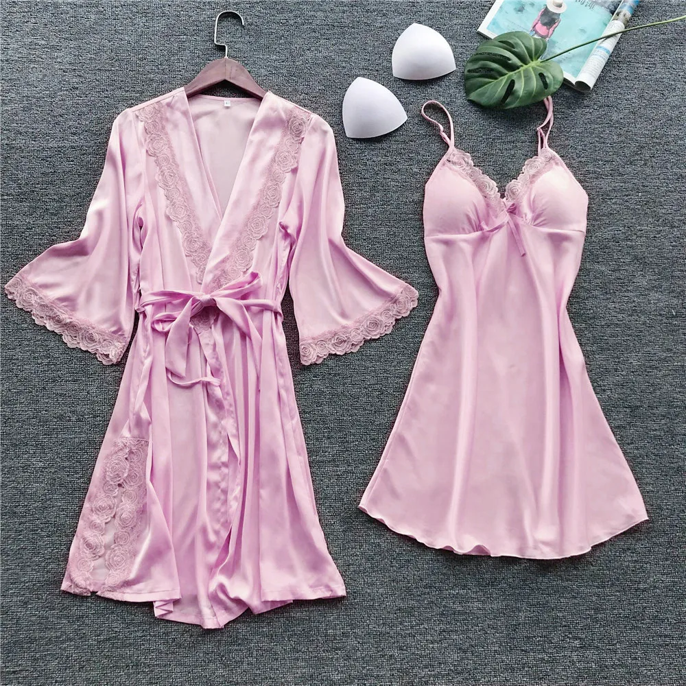 

2 Pieces Pajamas Set Silk Satin Womens Lace Nightwear Pyjamas Suit Female Lounge Sleepwear With Chest Pads Nuisette Femme