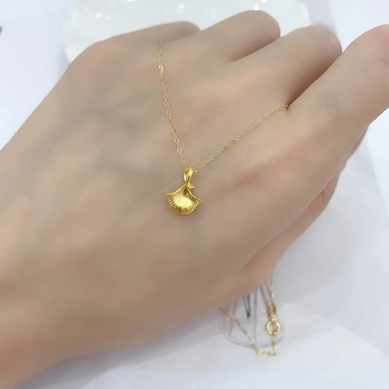 

KUGG 18K Au750 Solid Yellow Gold Chain Women Engagement Necklace Mini Birthday Gift Ginkgo Leaves Shape 24k Gold Pendant