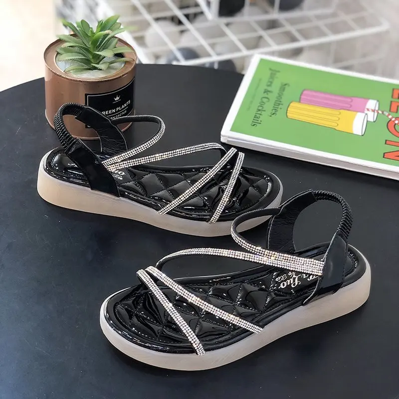 

2021 Summer Footwear Ladies Sandals Rhinestones Women's Shoes Increasing Shoes Women Slippers Muffins Crystal Elastic Band