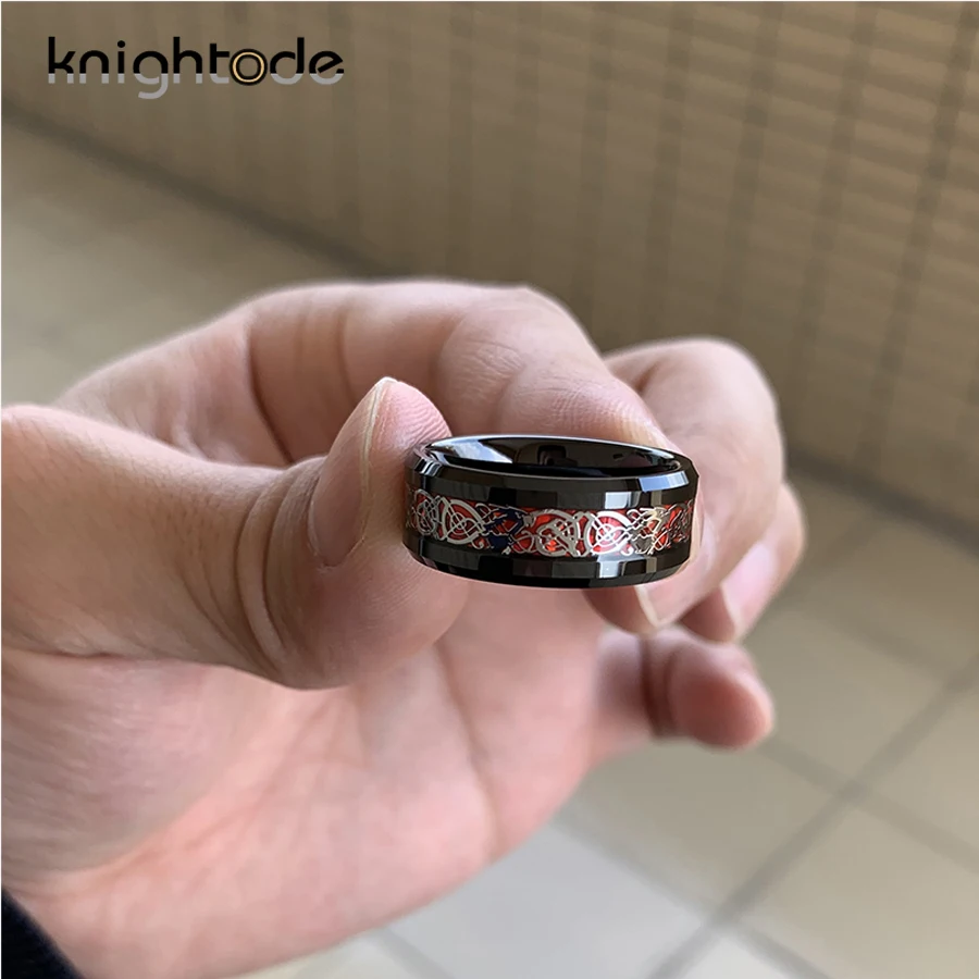 8 мм черное вольфрамовое кольцо из нержавеющей стали с инкрустацией дракона для