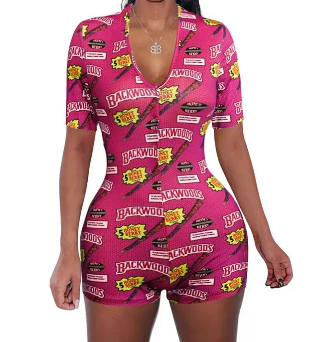 

Sexy Women Deep V-neck Bodycon Sleepwear Jumpsuit Bodysuit Shorts Romper Bodysuit Leotard Long Sleeve Print Bodysuit