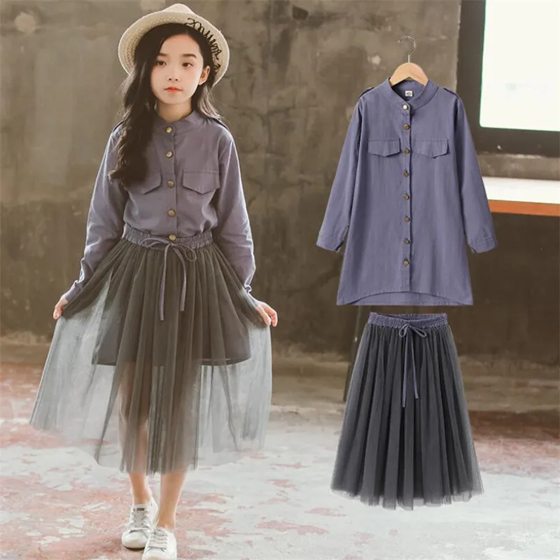 Осенняя одежда для девочек комплект из двух предметов платье-рубашка и юбка в