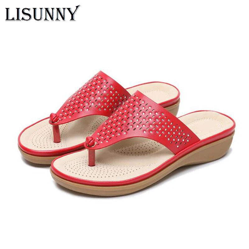 LISUNNY New summer sandals women thongs open toe rhinestones hollow woman beach shoes casual flat ladies stitching slippers | Обувь