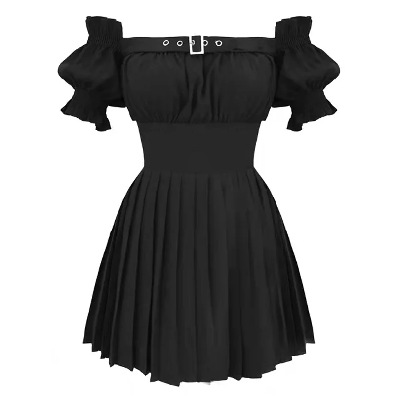 

Женское винтажное вечернее платье, черное плиссированное платье в стиле Харадзюку, с воротником-лодочкой, с пышными рукавами в стиле хип-хоп, 2021