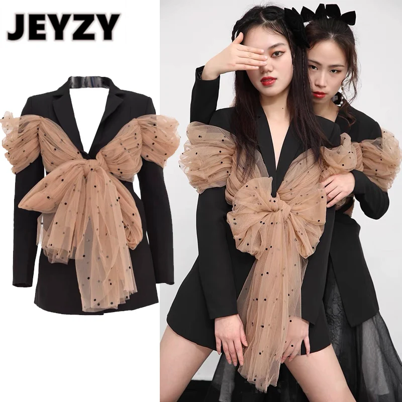 

Jeyzy women designer blazer patchwork bow polka dot black outfit backless hollow out sexy night party blazers fashion clothing