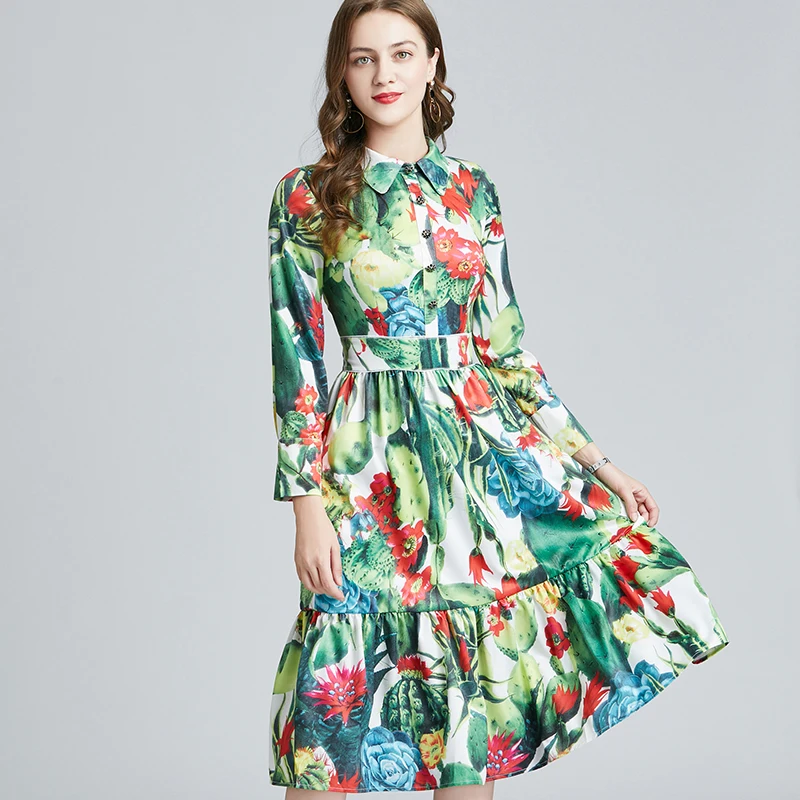 

JSXDHK New 2021 Spring Runway Designer Flower Dress Elegant Women Cactus Print Diamonds Button Shirt Collar Holiday Midi Vestido