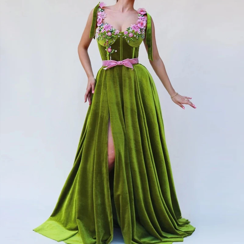 

Арабские Вечерние платья с овальным шлейфом, розовые платья для выпускного вечера с разрезом сбоку, зеленые вельветовые платья со шлейфом