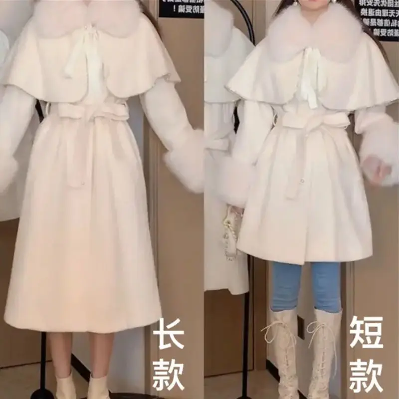 Длинный и короткий белый съемный плащ-ветровка зимнее новое шерстяное пальто