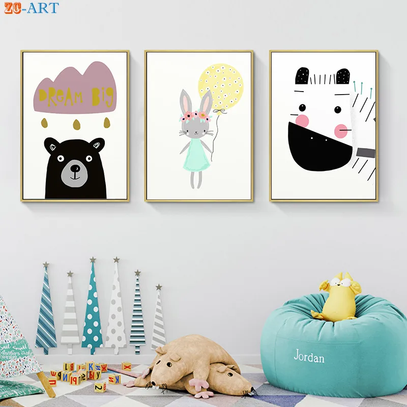 Детская Wall Art милые Животные принты Кролик Печать холст картины дети Спальня