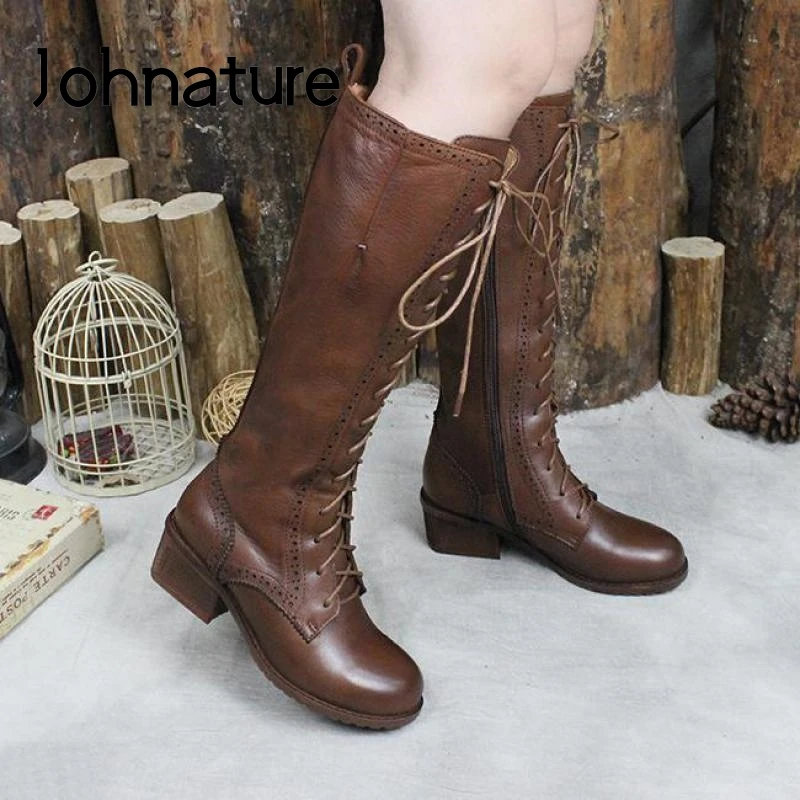 

Женские высокие сапоги на платформе Johnature, из натуральной кожи, на молнии, с круглым носком, ручной работы, 2021