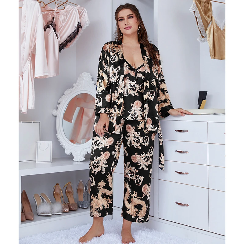 

2021 Summer Ice Silk Nightdress Women Pajamas Set Plus Size Long Sleeved 3Psc Sleepwear Robe Kimono Nightgown V Neck Home Pijama