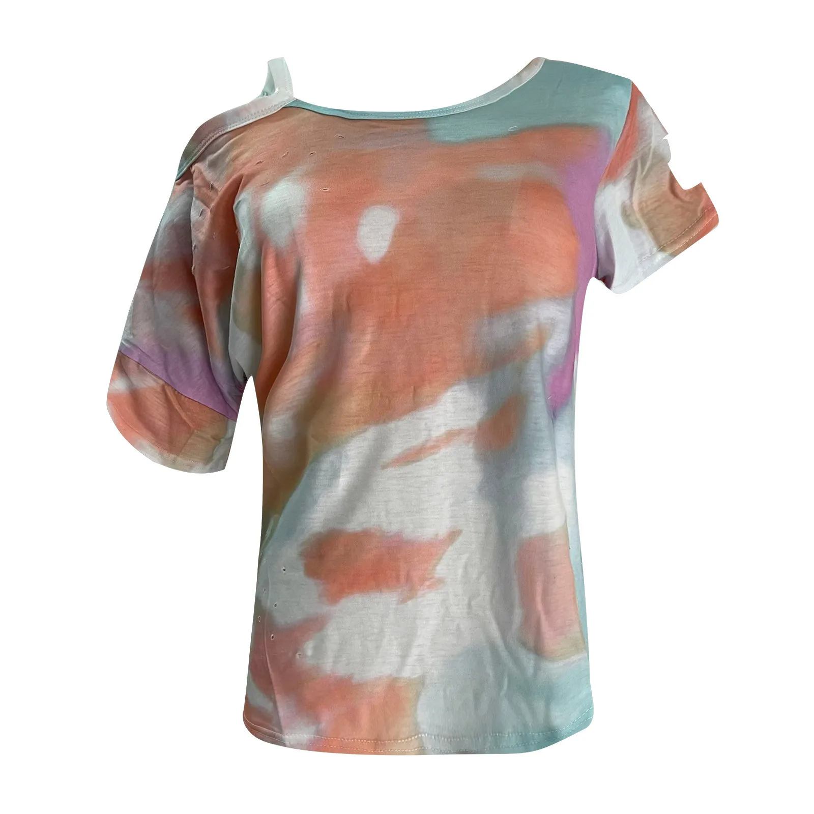 

2021 Summer Women's T-shirt Tie-dyed Sexy Off Shoulder Hole Short Sleeve Tops Female Casual Loose Blouse Tops#35
