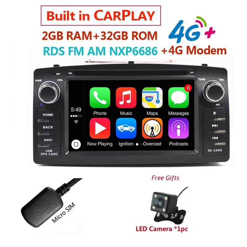 4G 2DIN Android10 автомобильный DVD-плеер для Toyota Corolla E120 1999-2008 Авторадио CD RDS DSP CARPLAY |