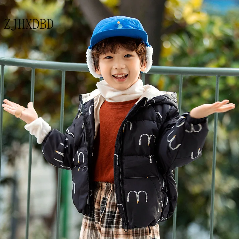 

Winter Children's Cotton Padded Clothes Baby Letter Solid Black Down Hooded Clothing Coat New Boys and Girl Baby Coat Light Down