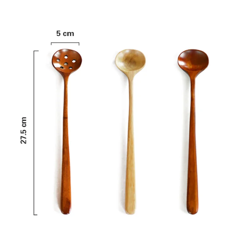 

2021 27.5cm Home Kitchen Natural Wood Long Handle Round Spoons Wooden Spoons Long for Soup Cooking Mixing Stirring Tableware