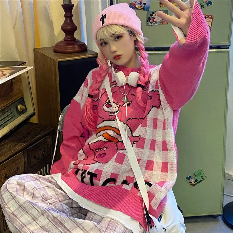 

Cartoon Bear Print Lazy Street Pink Blue Plus Size Casual Pullover Winter Sweater Vintage Harajuku Women Knitted Sweater Kawaii