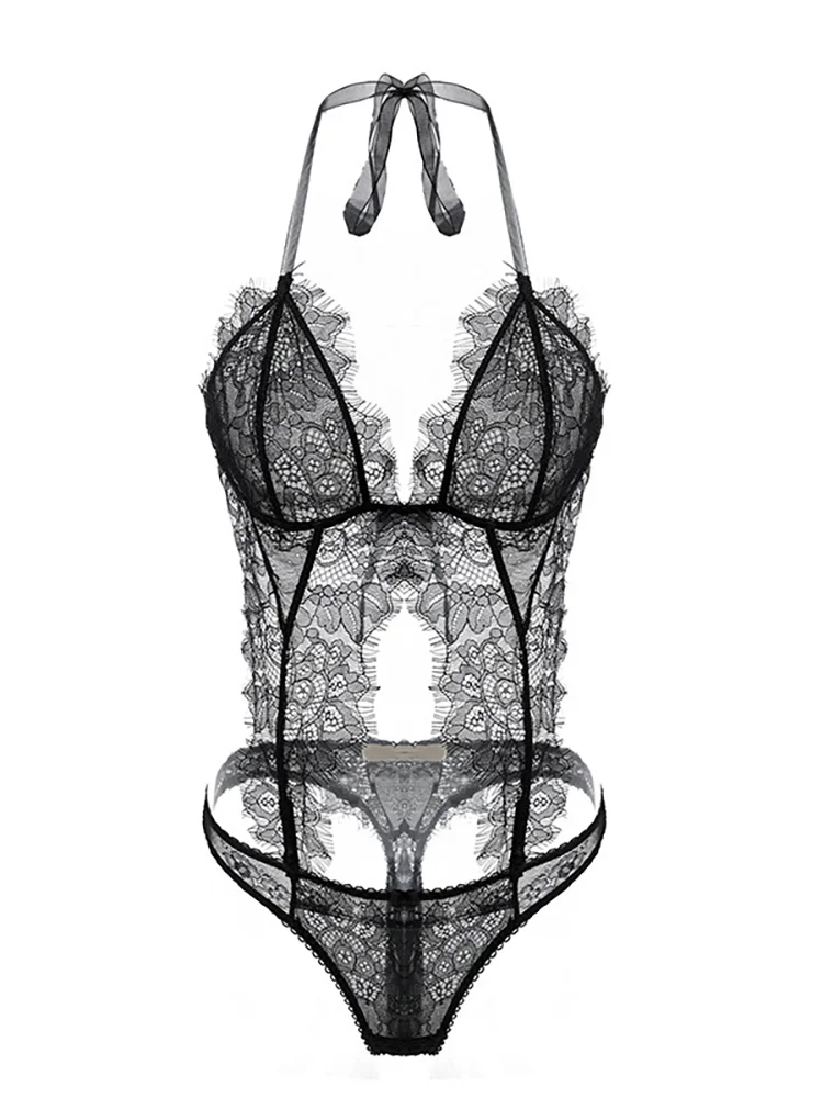 

Sexy Lace Bodycon Bodysuit Women Mesh Hollow Out Sleeveless Eyelash lace Lingerie Set Erotic Romper Jumpsuit Nightgown Sleepwear