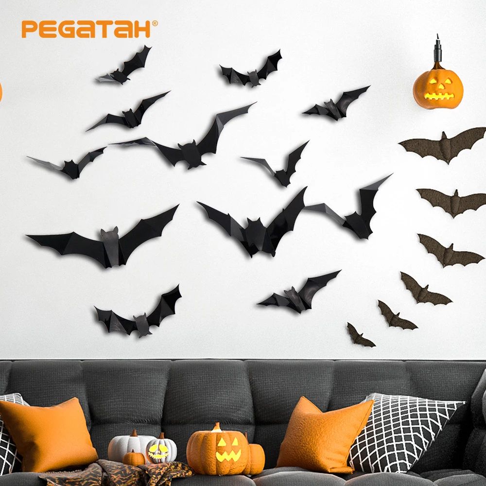

12/24pcs of 3D Halloween decoration PVC black sticks riding party room decoration Halloween party wall decoration props