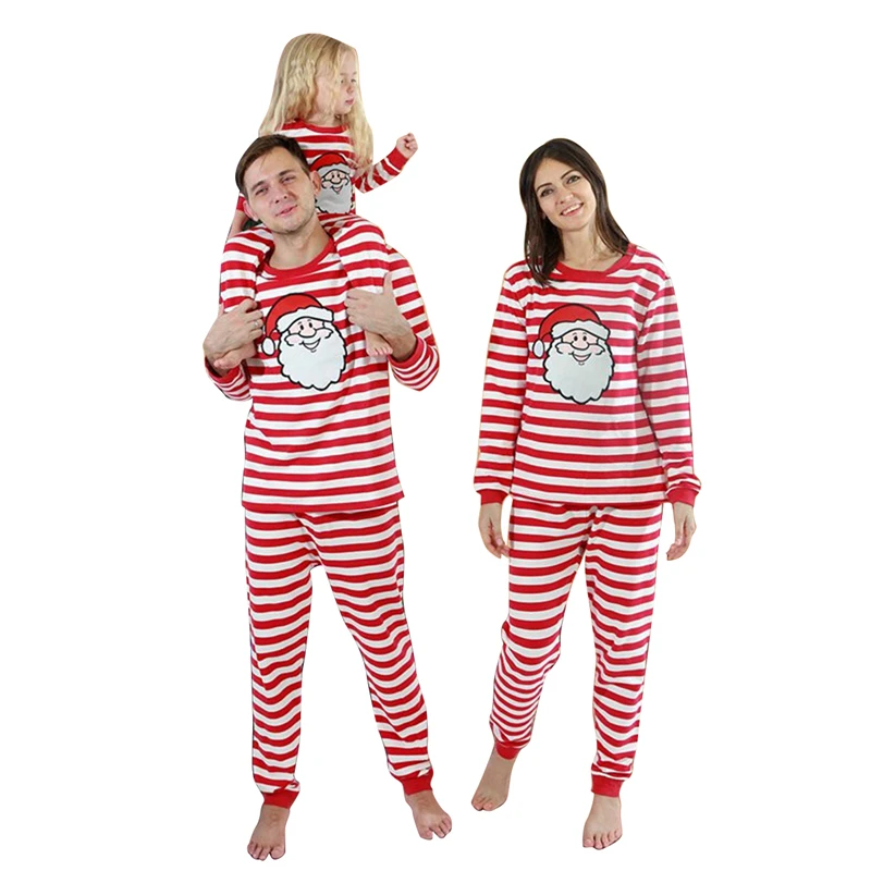 

Family Matching outfits Christmas Pajamas Set, Classic Santa Stripes Printing Long Sleeve Top + Elastic Waist Pants Set O-neck