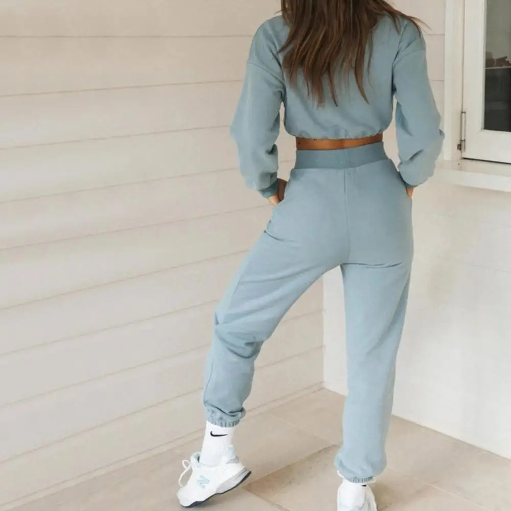 

women's Casual Pants Suits Fashion Casual Solid Color Hooded Long-sleeved Sweater Suit Loose Trousers Suit 2021 Two Piece Set