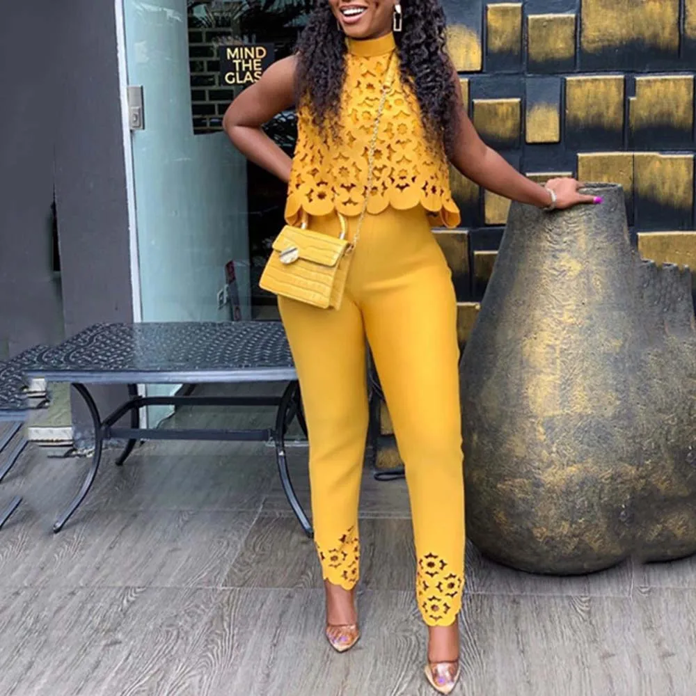 

Two Piece Set Women Solid Chic Floral Hollow Out Fashion 2021 Spring Summer Sweet Stand Collar Sleeveless Female Casual Suits