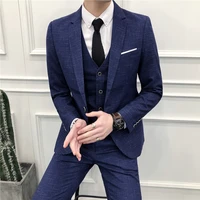 jacketvestpants 2021 men spring high quality cotton business plaid blazersmale slim fit casual dressthree piece suit coat