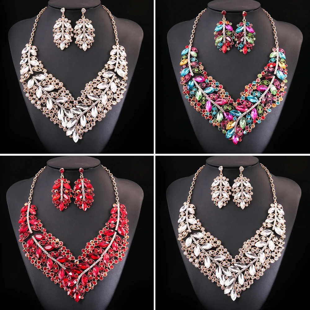 

African Bridal Crystal Necklace Chunky Rhinestone Choker Jewelry Set Fashion Women Dubai Nigeria Jewellery Wedding Party Collars