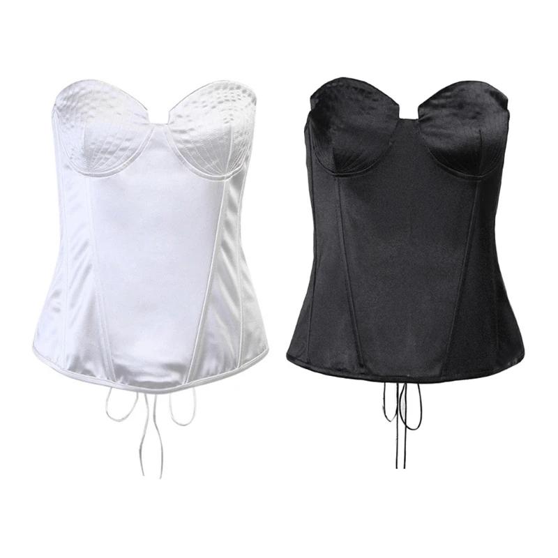 

E15E Women Sexy Strapless Corset Crop Top Shell Chest Overbust Lace-Up Bustier Vest