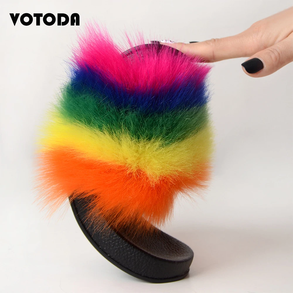 Women Furry Slippers Faux Fur Slides Mixed Colors Rainbow Flip Flops Fashion Girl Cute Plush Shoes Fluffy Shoes Woman Slides