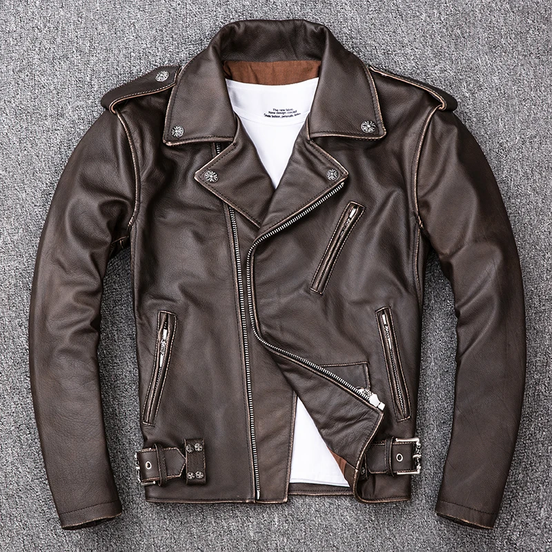 Мужская винтажная байкерская куртка из воловьей кожи с отложным воротником
