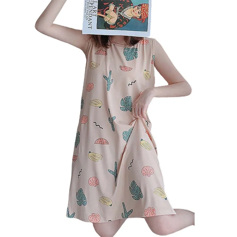 

Women Cartoon Sleeveless Sleepwear Dresses Round Neck Print Funny Baggy Comfy Soft GD Plus Size Lingere Cotton