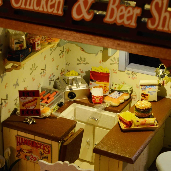 Assemble Miniature Dollhouse Fried Chicken &amp Beer Shop DIY Doll House Handmade Crafts Creative Wooden Kids Grownups Puzzle Toys |