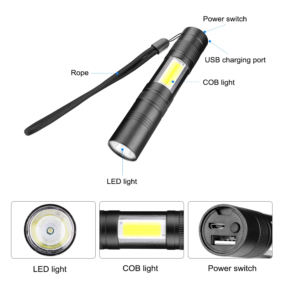 Ультраяркий светодиодный фонарик COB с зарядкой от USB фонафонарь со встроенным