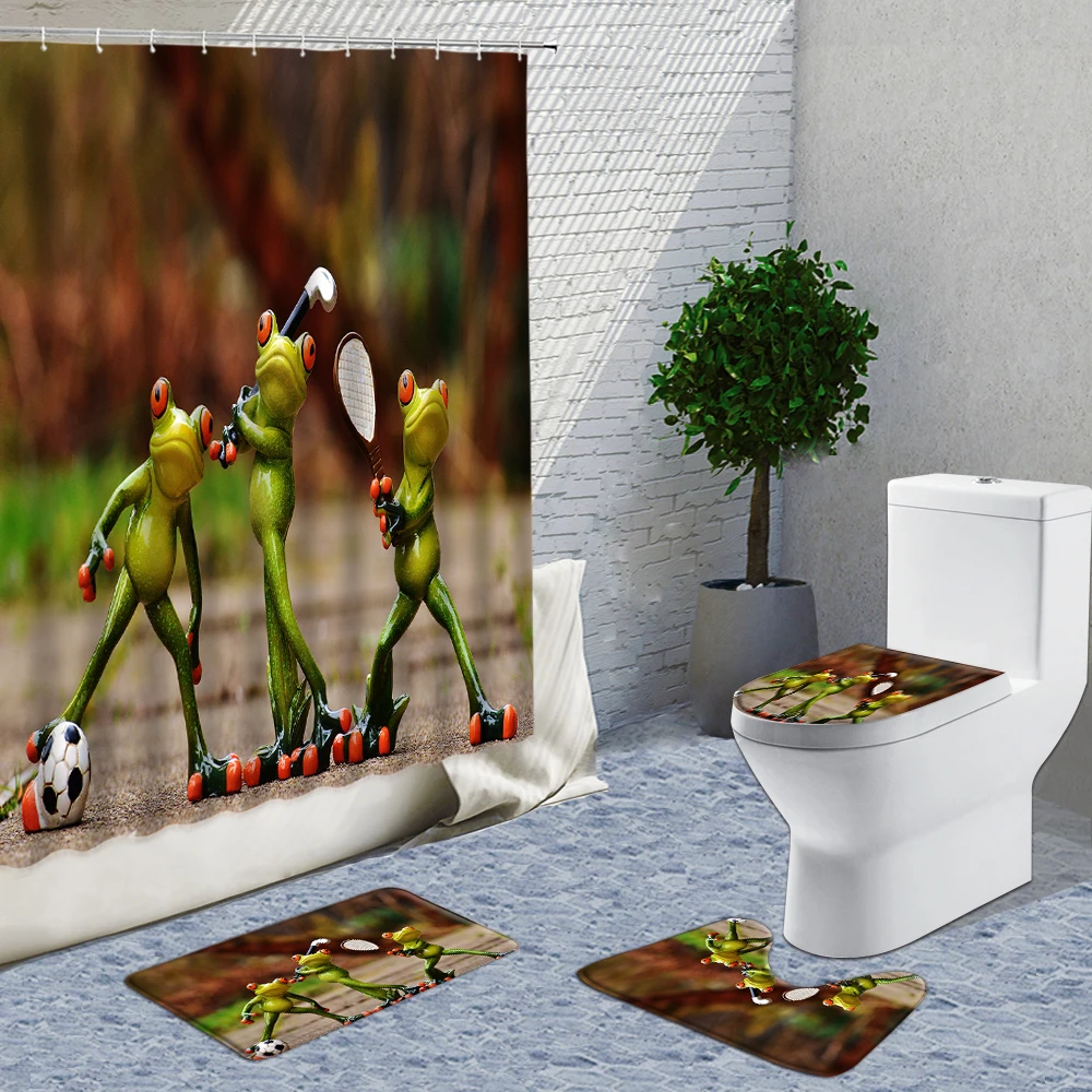 

Cartoon Frog Shower Curtains 4-Piece Creative Couple Frogs Animal Bathroom Set With Carpets And Curtain Non-Slip Bath Decor Mat