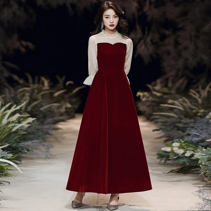 

Evening Dress Lace High Neck Half Sleeves Ruched Ankle-Length A-Line Simple Elegant Burgundy Plus Size Women Formal Gowns D669
