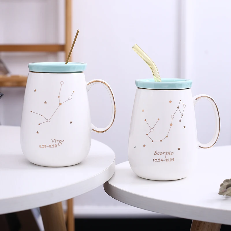 

Free Shipping & Fashion Water Cup Gold Drawing twelve constellations high-grade ceramic coffee Mug with cover spoon straw