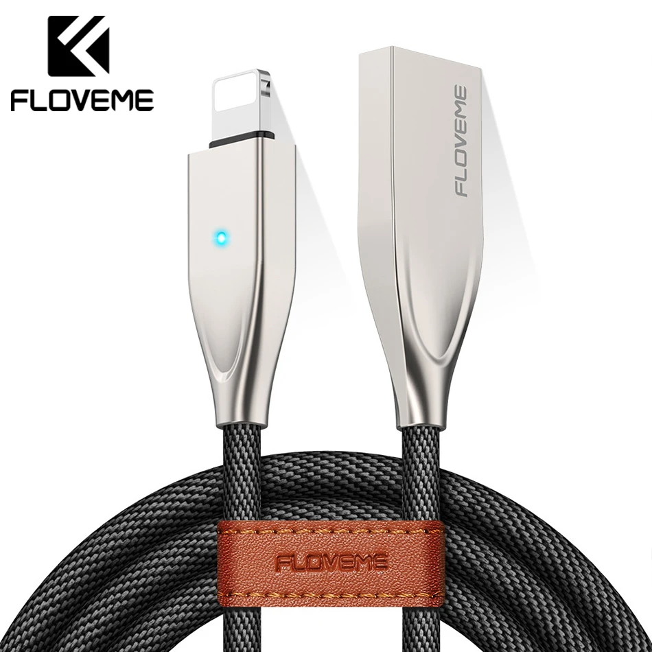 Floveme автоотключения Дыхание LED USB кабель для iPhone X 8 7 iPad цинковый сплав плетеный
